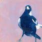 fine art print of an original oil painting of a navy blue and white magpie with a soft lilac textured background
