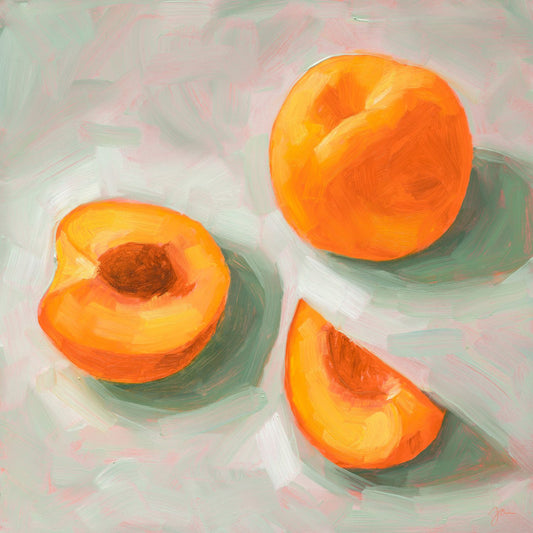 modern and contemporary oil painting of stone fruit like bright orange apricots on a textured minty green background with pink showing through