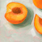 modern and contemporary oil painting of stone fruit like bright orange apricots on a textured minty green background with pink showing through