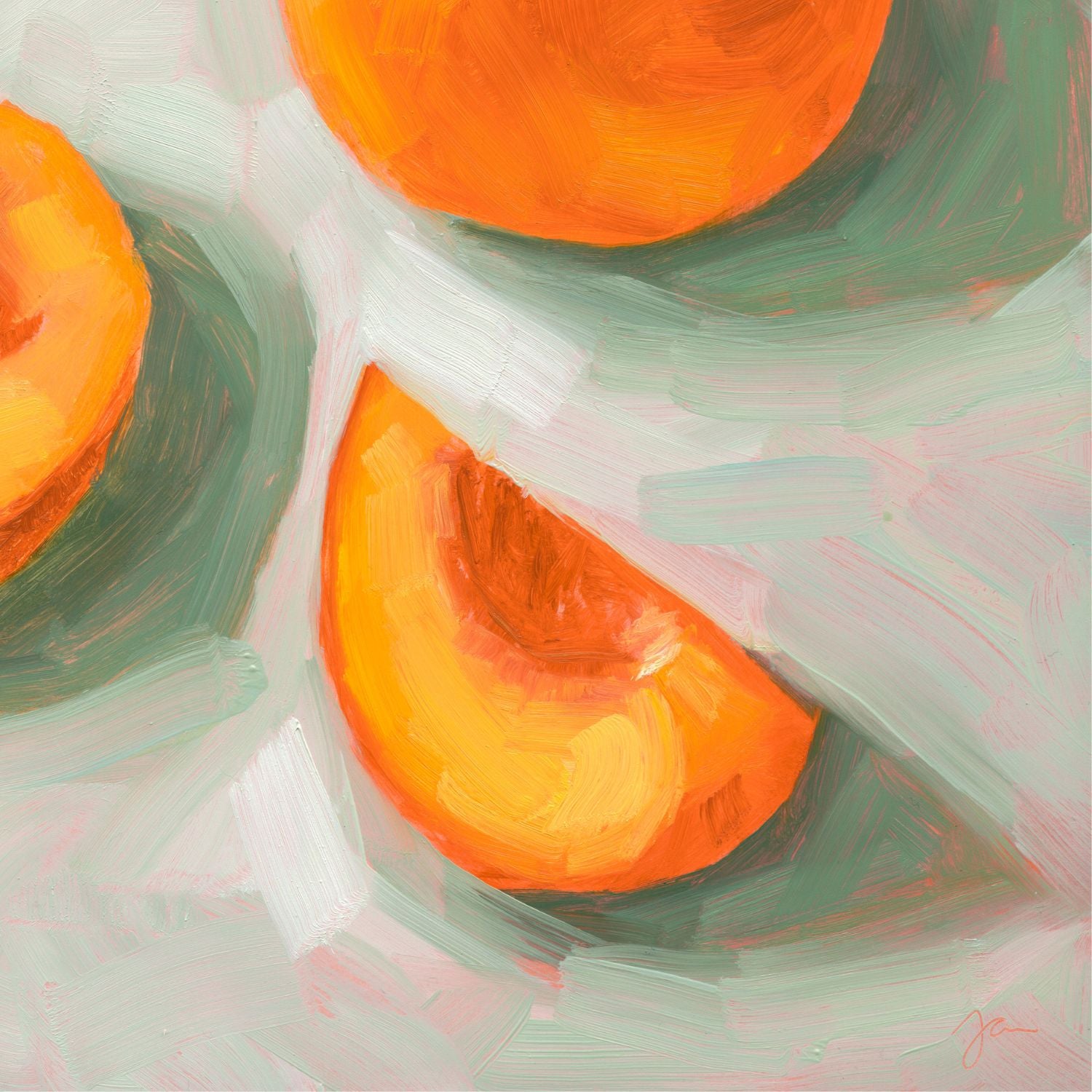 modern and contemporary oil painting of stone fruit like bright orange apricots on a textured minty green background with pink showing through
