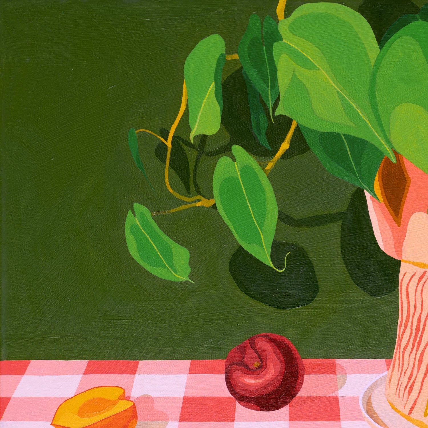 contemporary modern original oil painting of colourful fruits on a deep green background