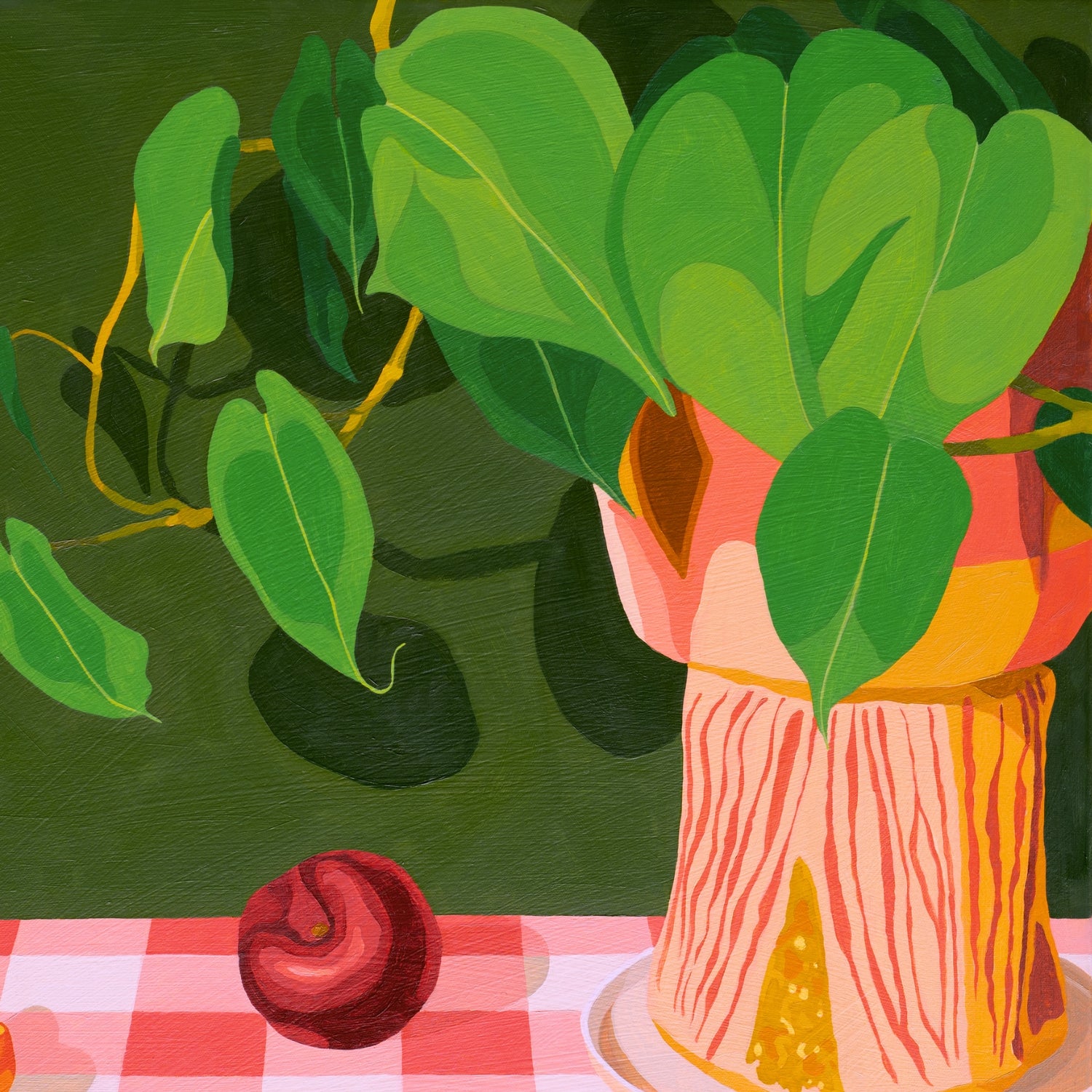 contemporary modern original oil painting of colourful fruits on a deep green background