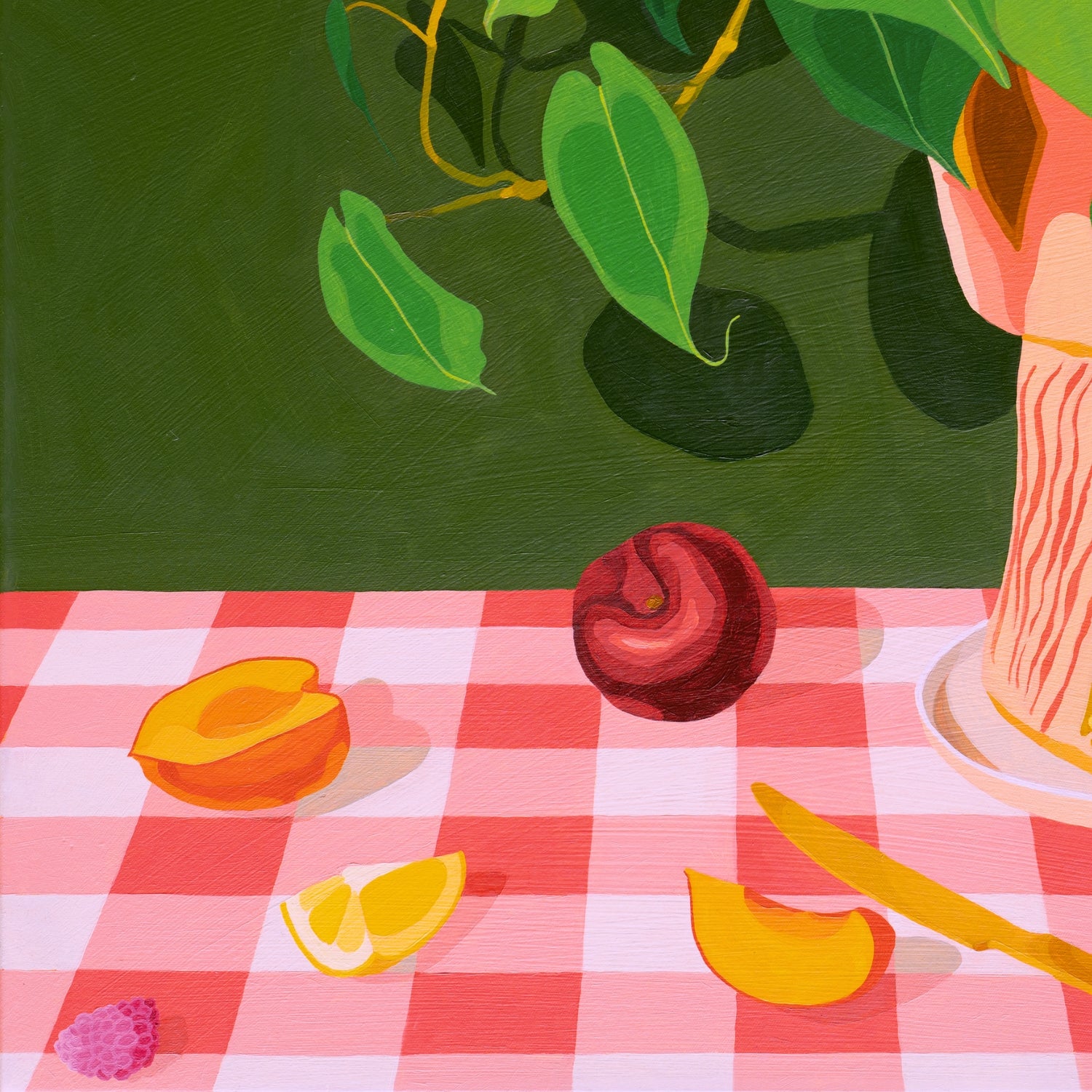 contemporary modern original oil painting of colourful fruits on a deep green background