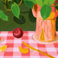 contemporary modern original oil painting of colourful fruits on a deep green background