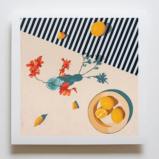fine art print of yellow lemons spread out and on a plate on a cream and striped navy blue and white and a light blue vase with orange-red flowers