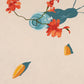 fine art print of yellow lemons spread out and on a plate on a cream and striped navy blue and white and a light blue vase with orange-red flowers