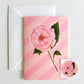 set of 4 greeting cards with pink and peachy stripes, pink scallops and a hand painted flowers. set comes with 4 matching stickers. blank inside