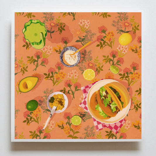 fine art print of an original oil painting of a family dinner of tacos, avocado, sour cream, slices of lemons and limes and a margarita drink in a green Fazeek glass