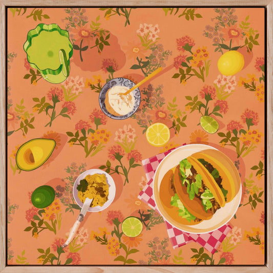 fine art print of an original oil painting of a dinner with tacos, avocado, lemon and lime slices, sour cream and a margarita drink on a green Fazeek glass