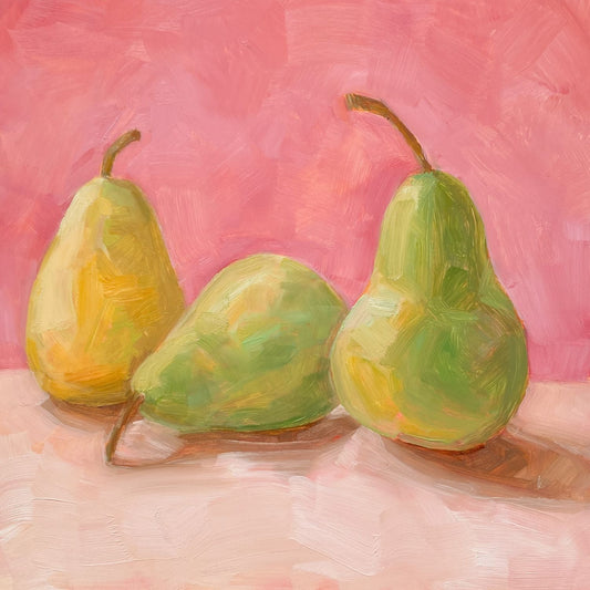 image of an oil painting of two green pears and one yellow pear on a cream surface with a soft and warm pink background