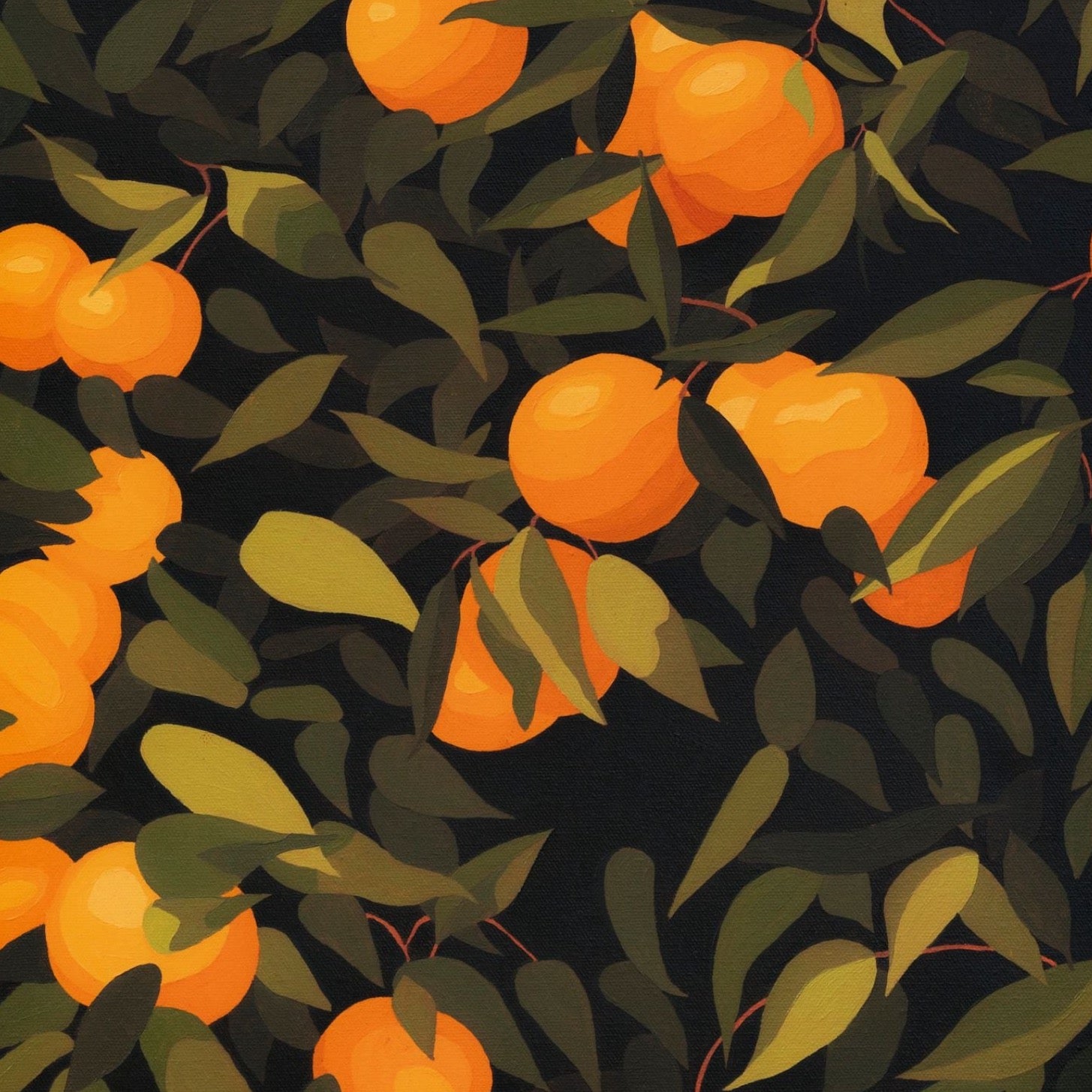 original oil painting of mandarines with green leaves on a dark green background