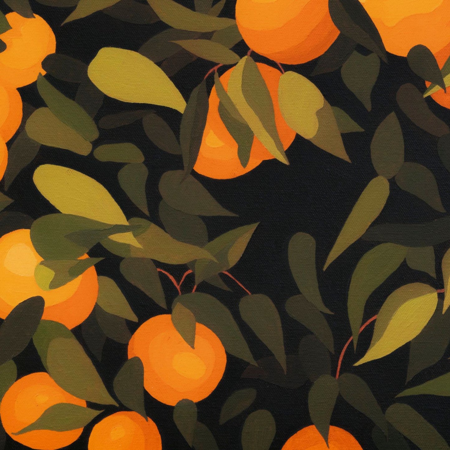 original oil painting of mandarines with green leaves on a dark green background