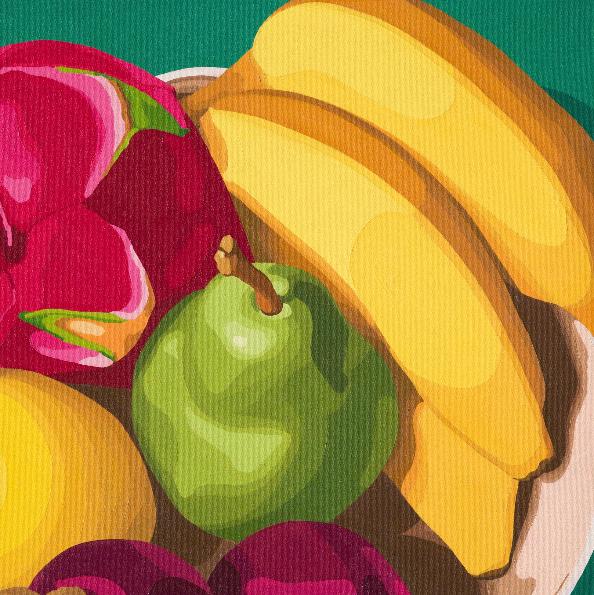 fine art print of a colorful and modern original oil painting of bright and vibrant yellow lemon green pear pink dragonfruit purple mangosteens yellow bananas orange slice on a teal background with strong shadows