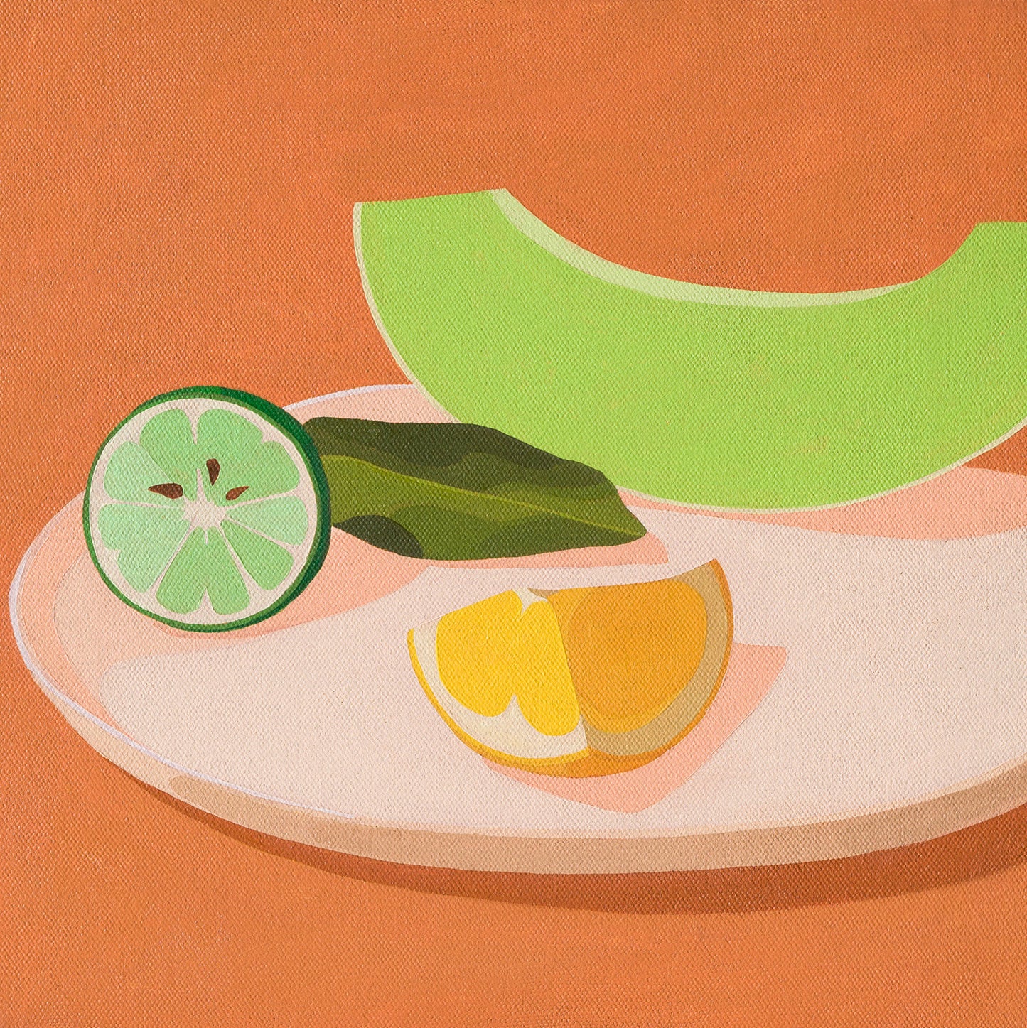 original oil painting of a slice of honeydew melon, a wedge of lemon and half a lime with leaves on a cream coloured plate, with very light warm pink shadows, sitting on chai coloured background