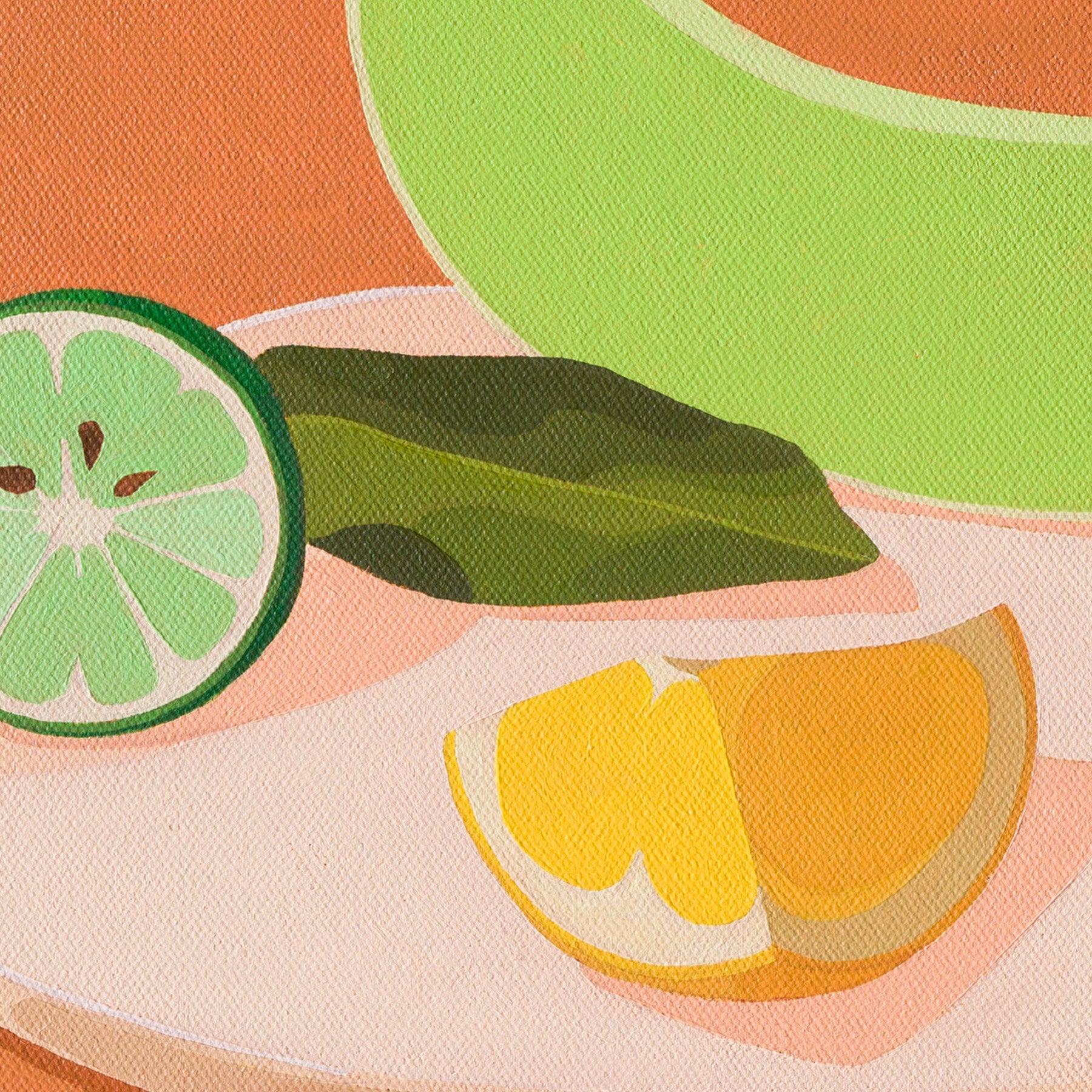 closeup of original oil painting of a slice of honeydew melon, a wedge of lemon and half a lime with leaves on a cream coloured plate, with very light warm pink shadows, sitting on chai coloured background