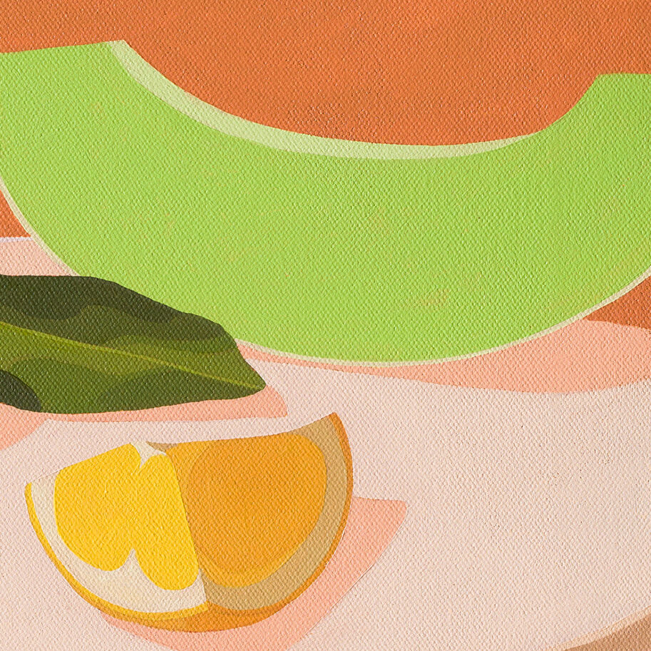closeup of original oil painting of a slice of honeydew melon, a wedge of lemon and half a lime with leaves on a cream coloured plate, with very light warm pink shadows, sitting on chai coloured background