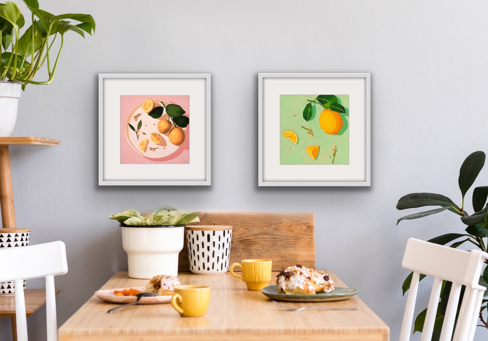 fine art print of a colorful and modern original oil painting of bright yellow lemons on a warm pink background with strong shadows