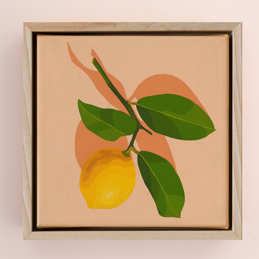 original oil painting of a lemon with stem and leaves sitting on a background of colour vanilla cream with light coral shadow, framed in a raw American ash floating frame