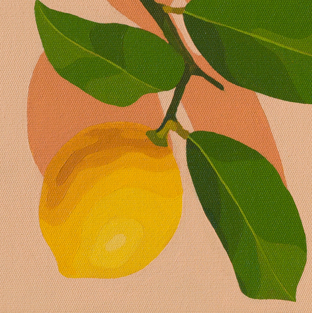 original oil painting of a lemon with stem and leaves sitting on a background of colour vanilla cream with light coral shadow