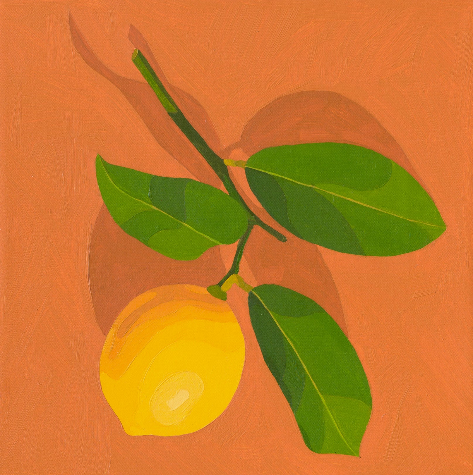 original oil painting of a lemon with stem and leaves sitting on a background of colour tan with darker tan shadow