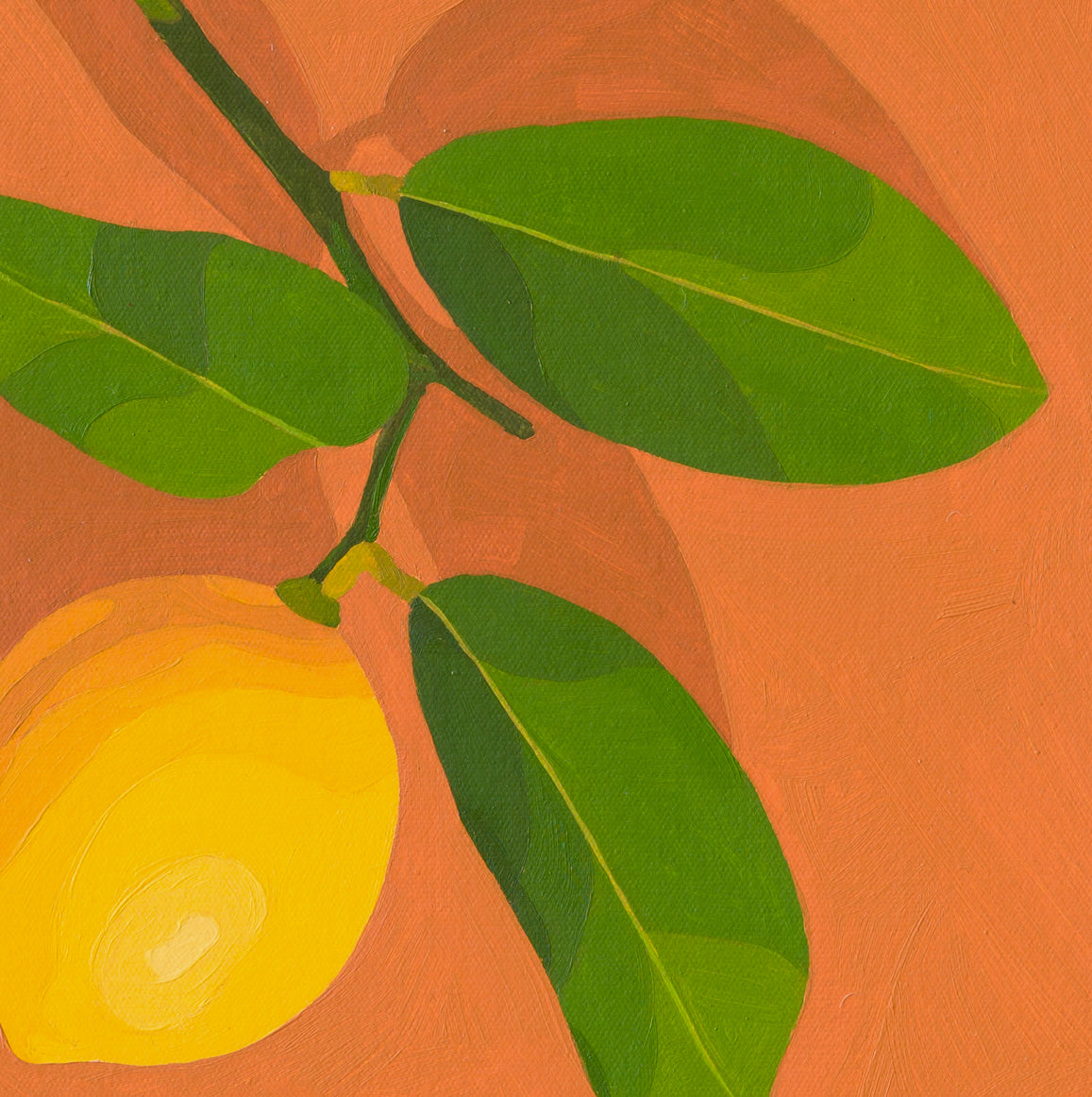 original oil painting of a lemon with stem and leaves sitting on a background of colour tan with darker tan shadow