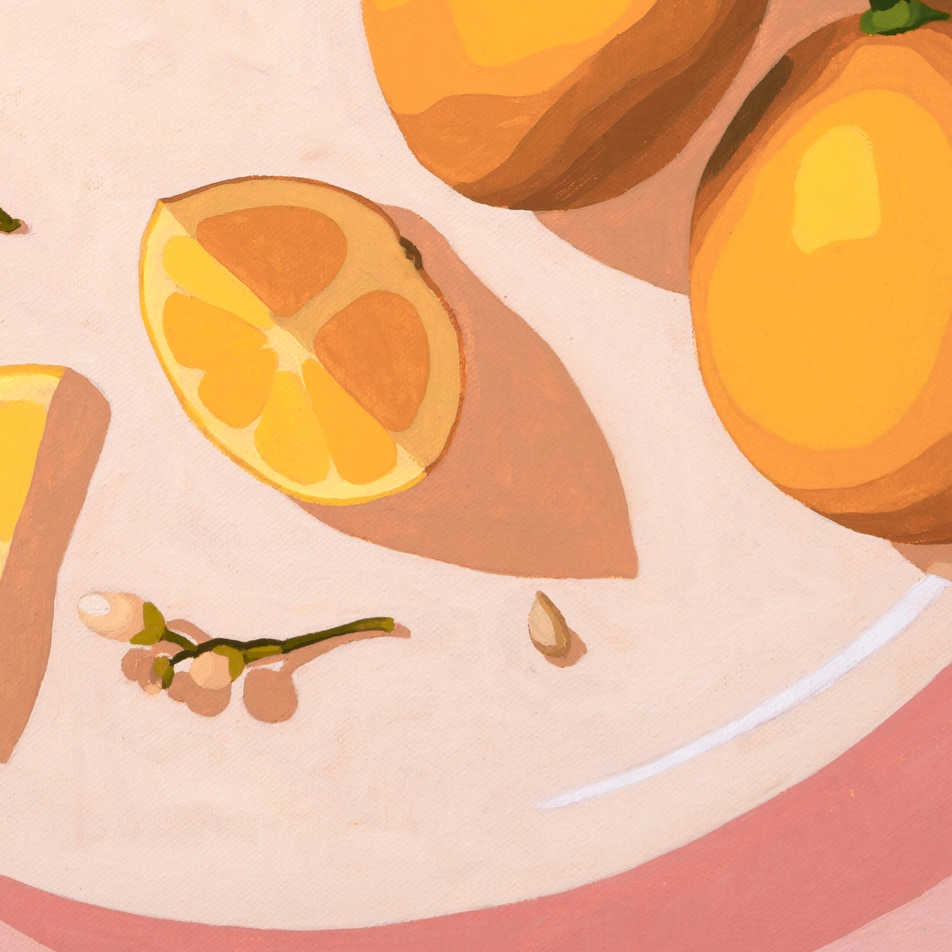 fine art print of a colorful and modern original oil painting of bright yellow lemons on a warm pink background with strong shadows